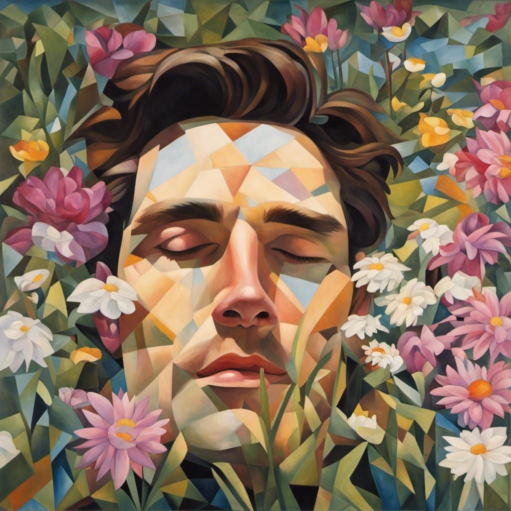 Cubist Man in Flower Field, Art Deco Style