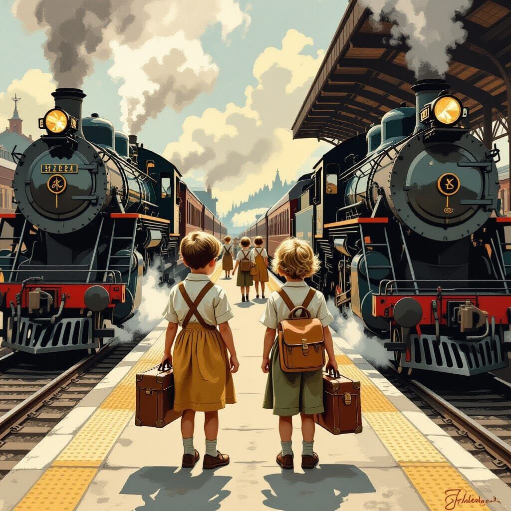 Orphan Train Children in Rockwell-esque Illustration