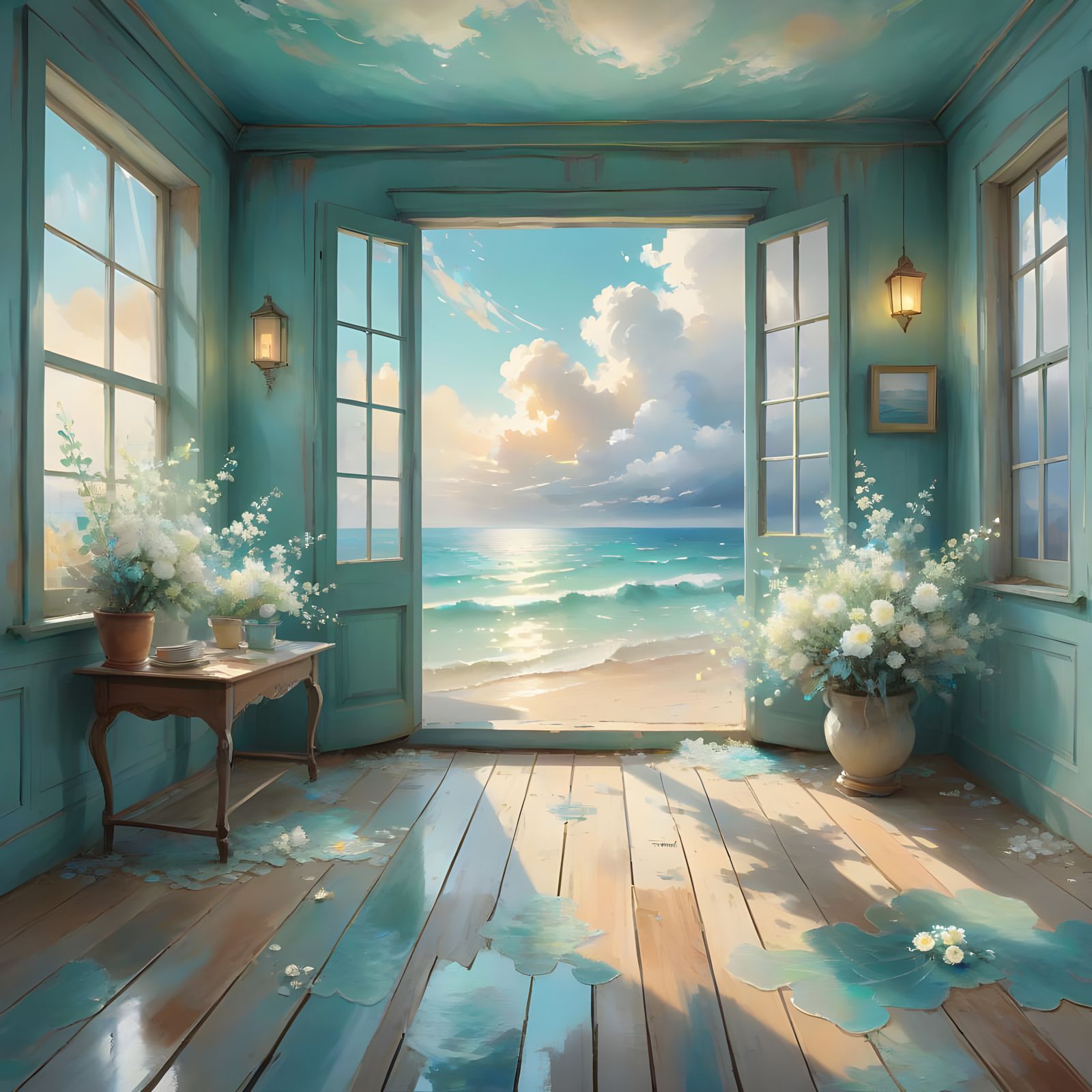 Dreamy Impressionist Beach House Interior with Ethereal Ligh...