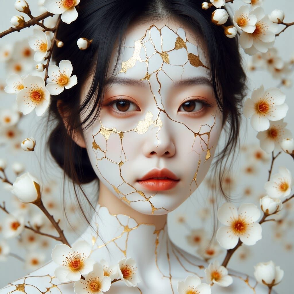Beautiful Japanese Woman in Kintsugi Style