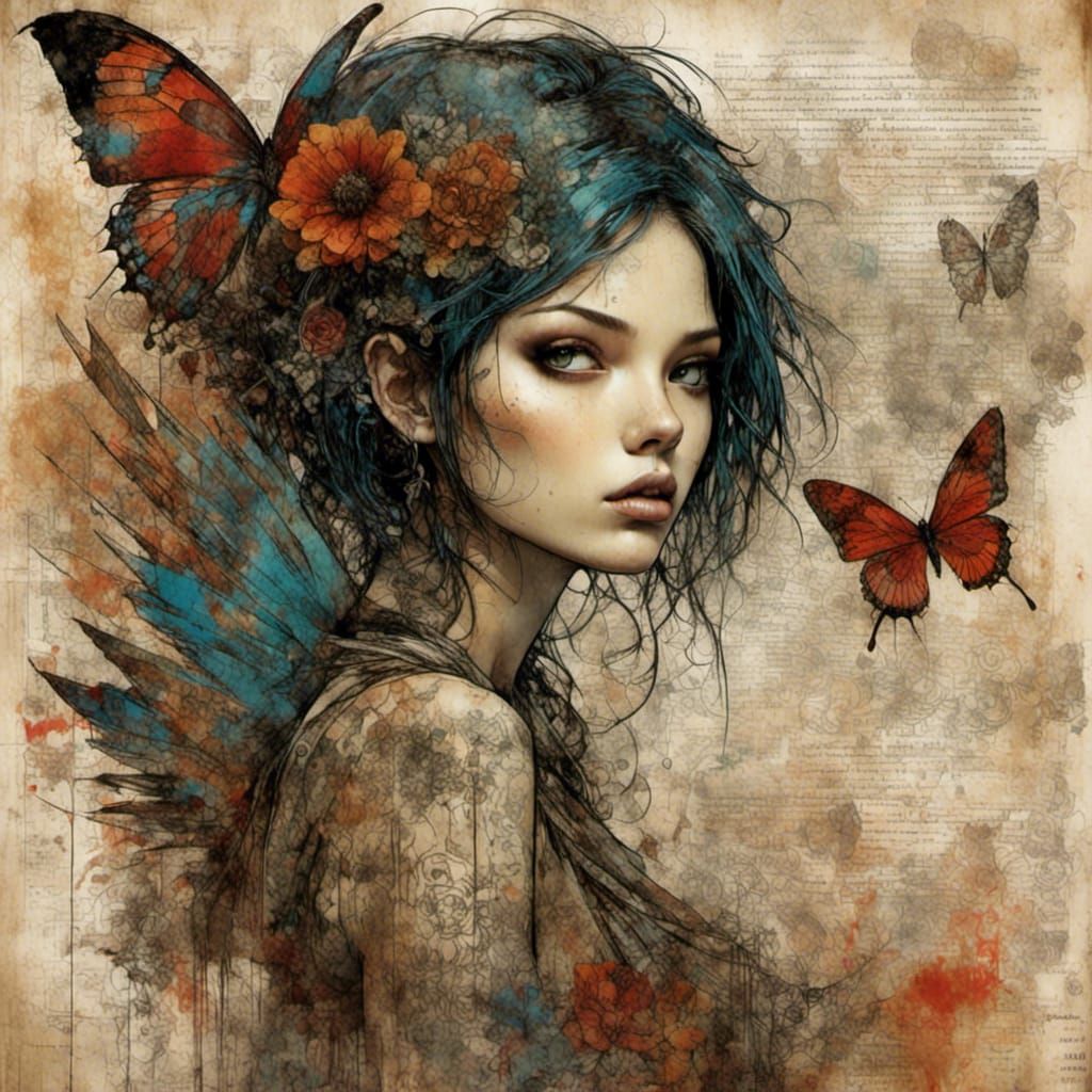 Pixie with Lace Wings in Mixed Media Art