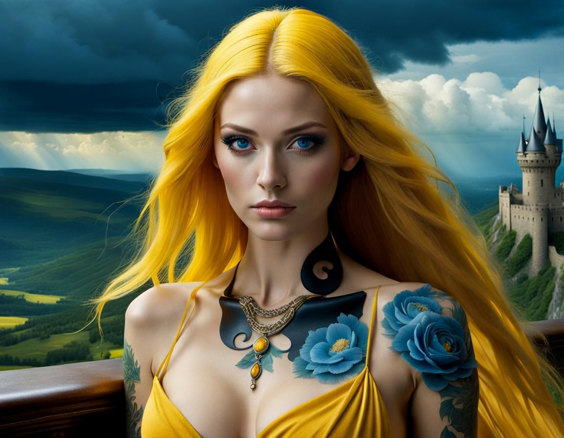 Tattooed Woman in Ghostly Castle, Photorealistic Style