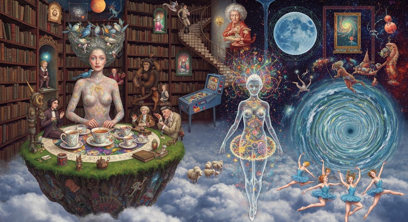 Surreal Tea Party in Floating Library, Vivid Maximalist Art