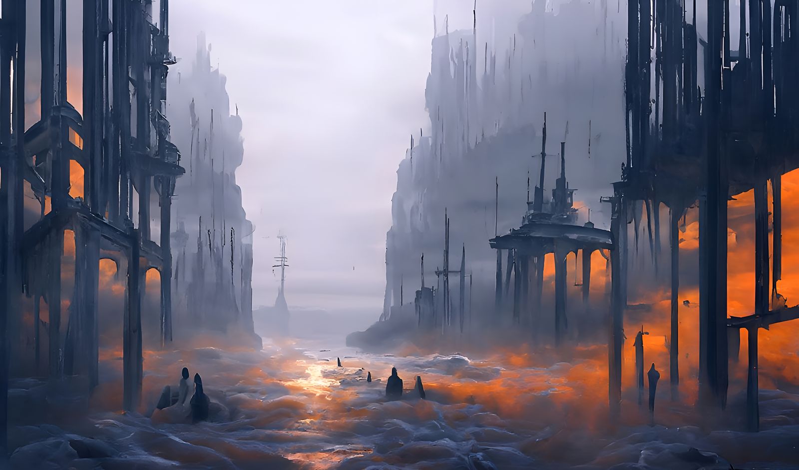 Grey Ghost City in Fog: Acrylic Pour Art