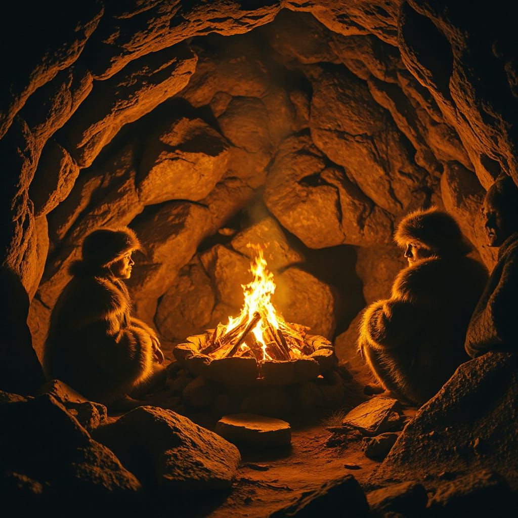 Ancient Family Gathered Warmly Around a Cave Fire