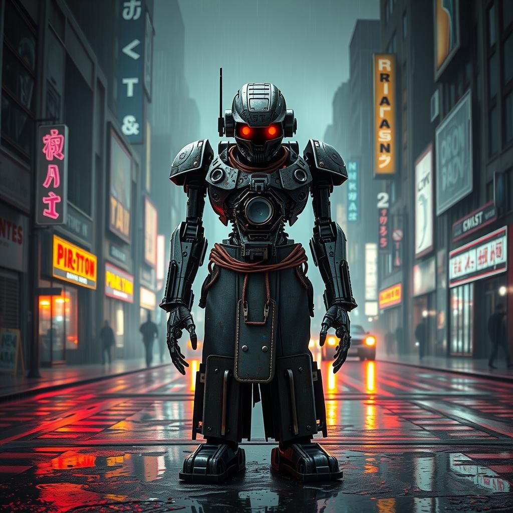 Cyberpunk Robot Rebellion in Dystopian Cityscape