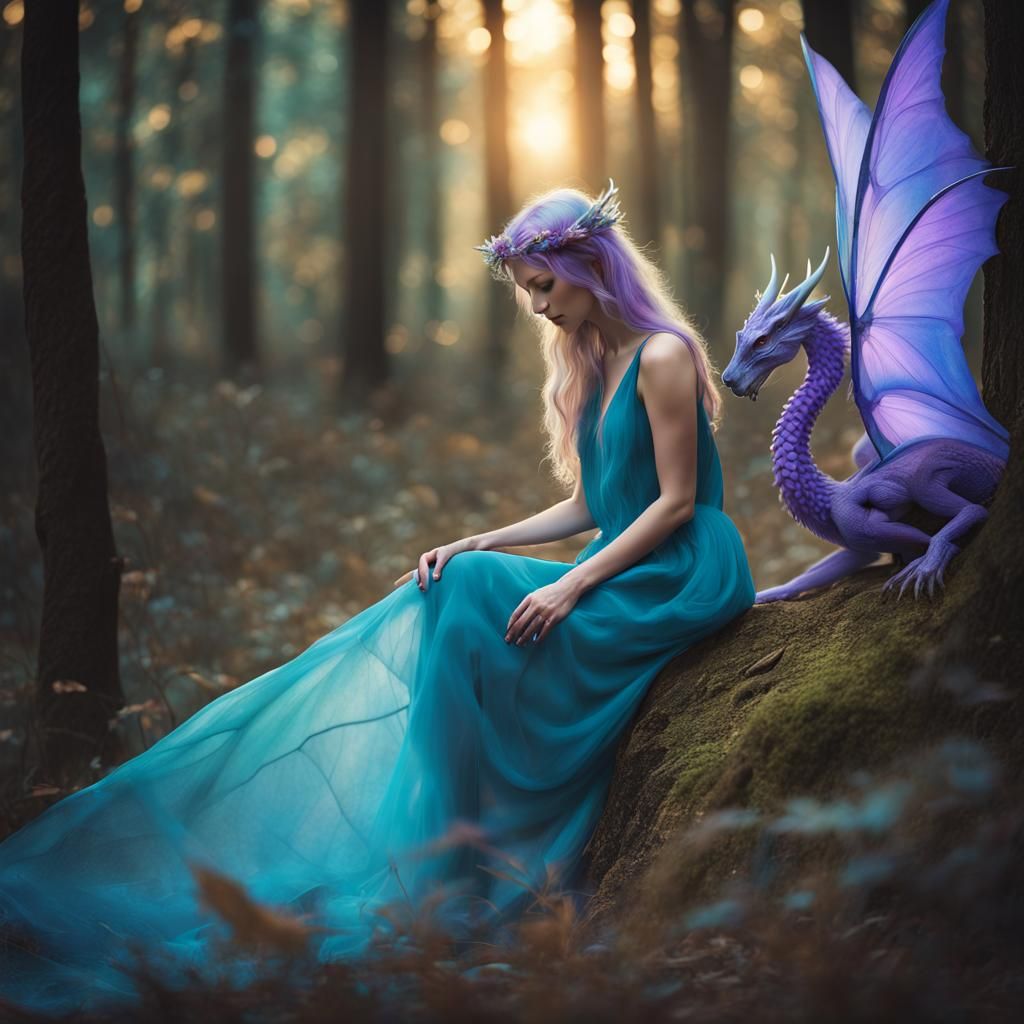 Fairy and Dragon in Magical Woods