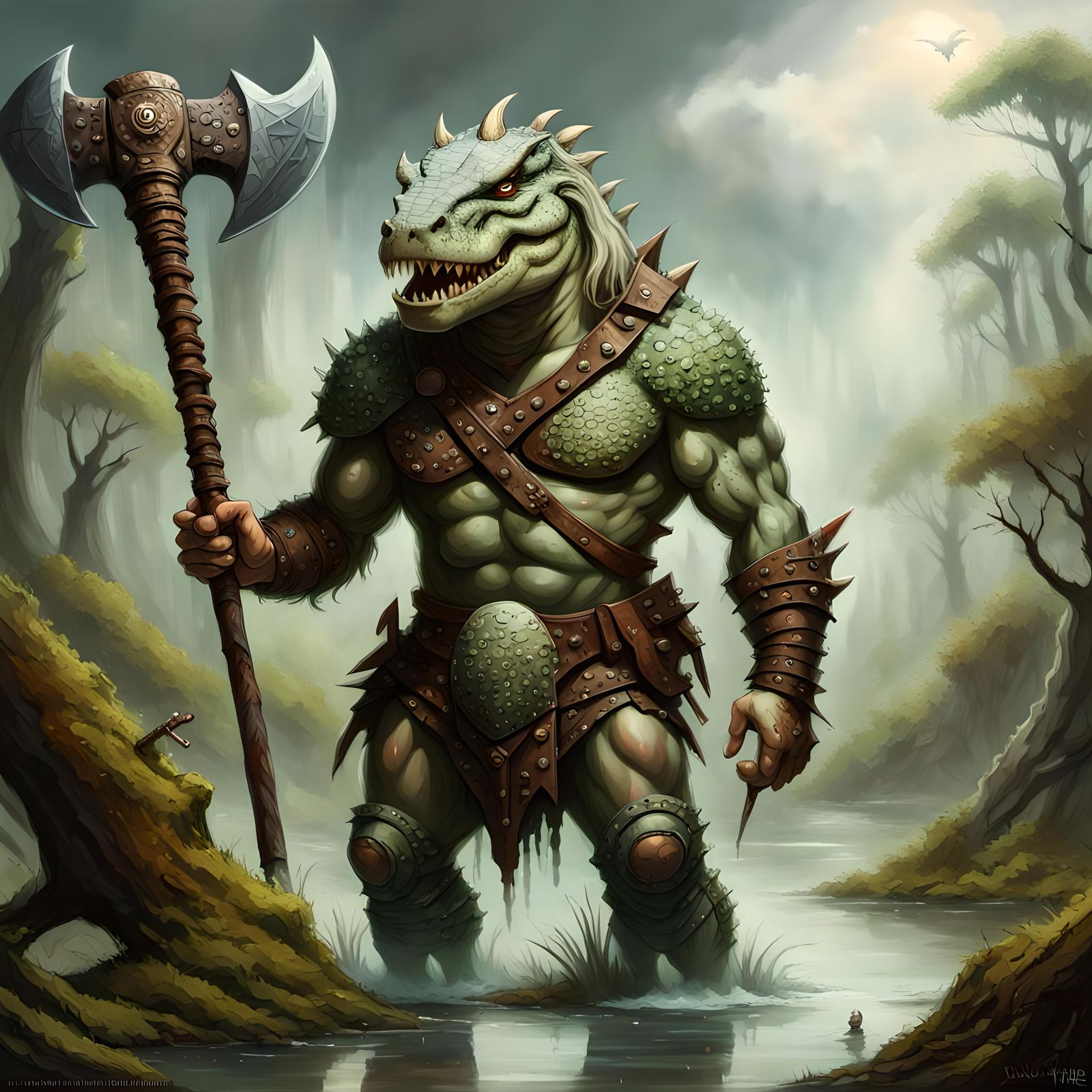 Reptilian Barbarian Warrior in Swamp, Gloomy Fantasy Art
