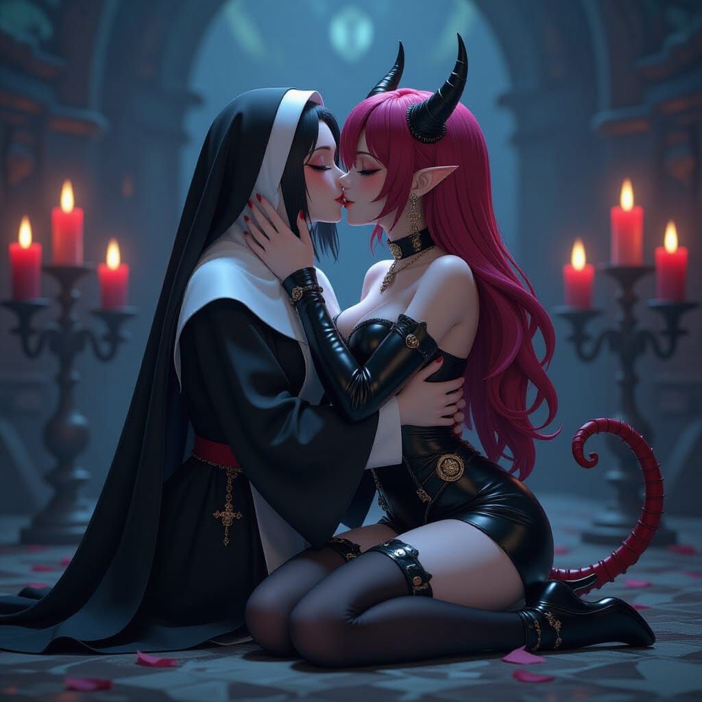 Nun and Demon Embrace in Anime Art Style
