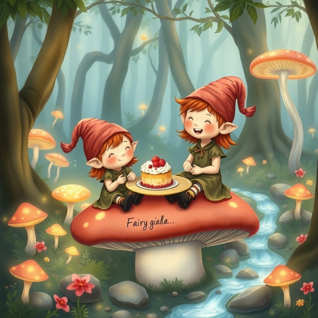 Gnome Children Share Cakes in Enchanted Forest