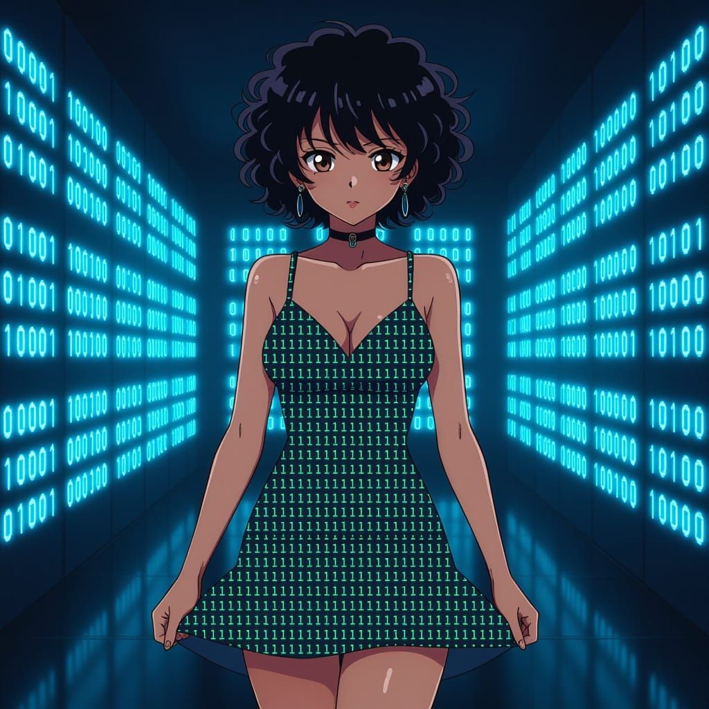 Woman in Binary Code Dress, Anime Style