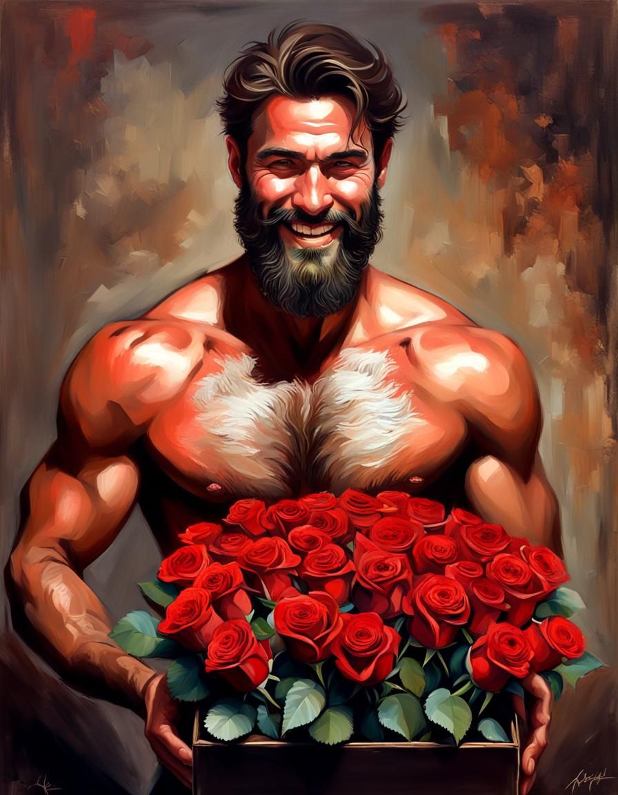 Bearded Man with Roses: Digital Oil Painting