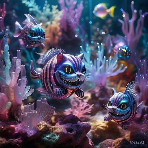 Surreal Fae Fishies Dance in Iridescent Glass Coral Reef