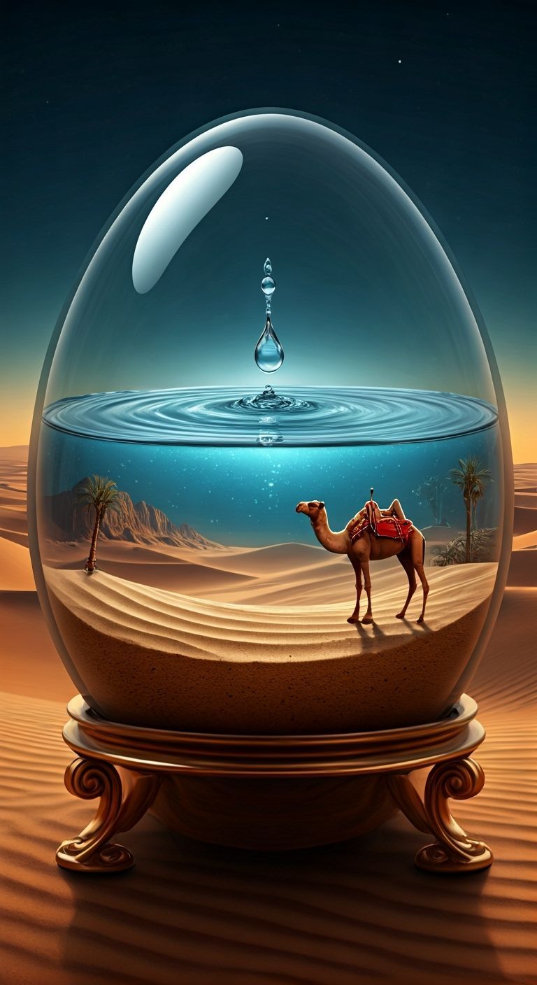 Surreal Egg Timer Oasis in Desert Night