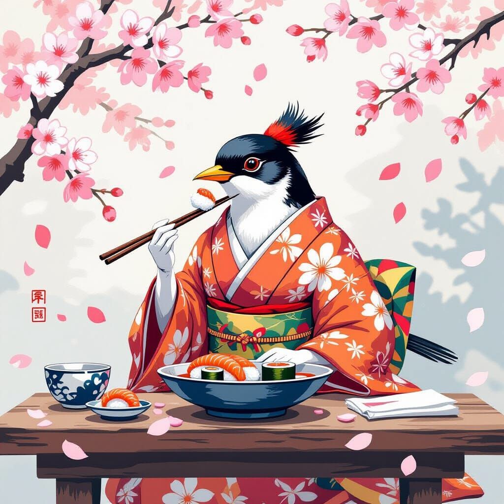 Bird in Kimono Eating Sushi, Painterly Style