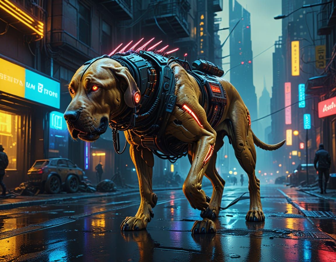 Cyberpunk Bloodhound Runs Through Futuristic City