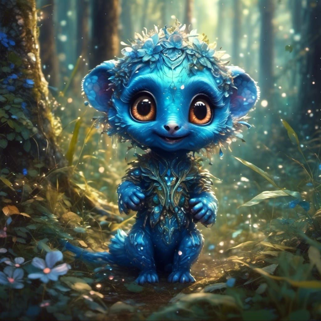 Cute Blue Forest Creature in Hyperdetailed Style