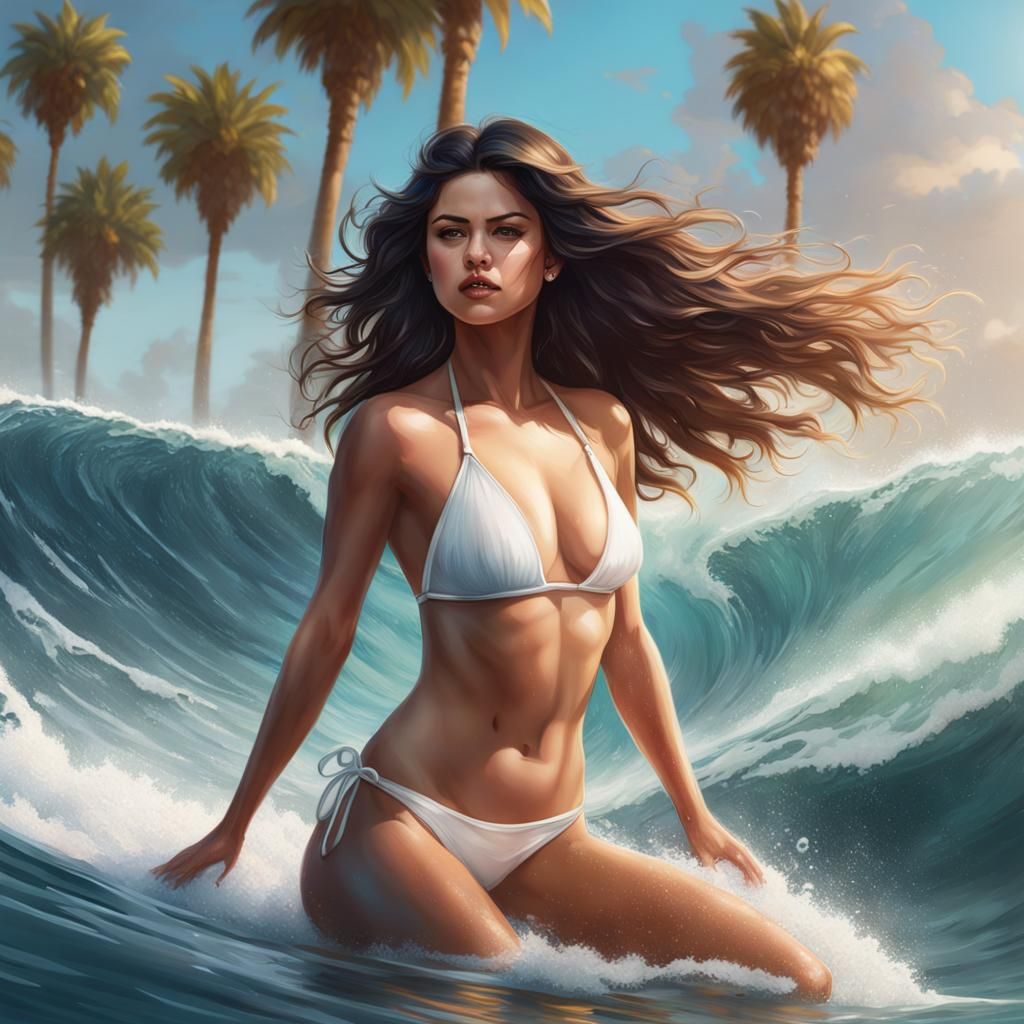 Woman Surfing a Gigantic Wave in Hyperdetailed Style
