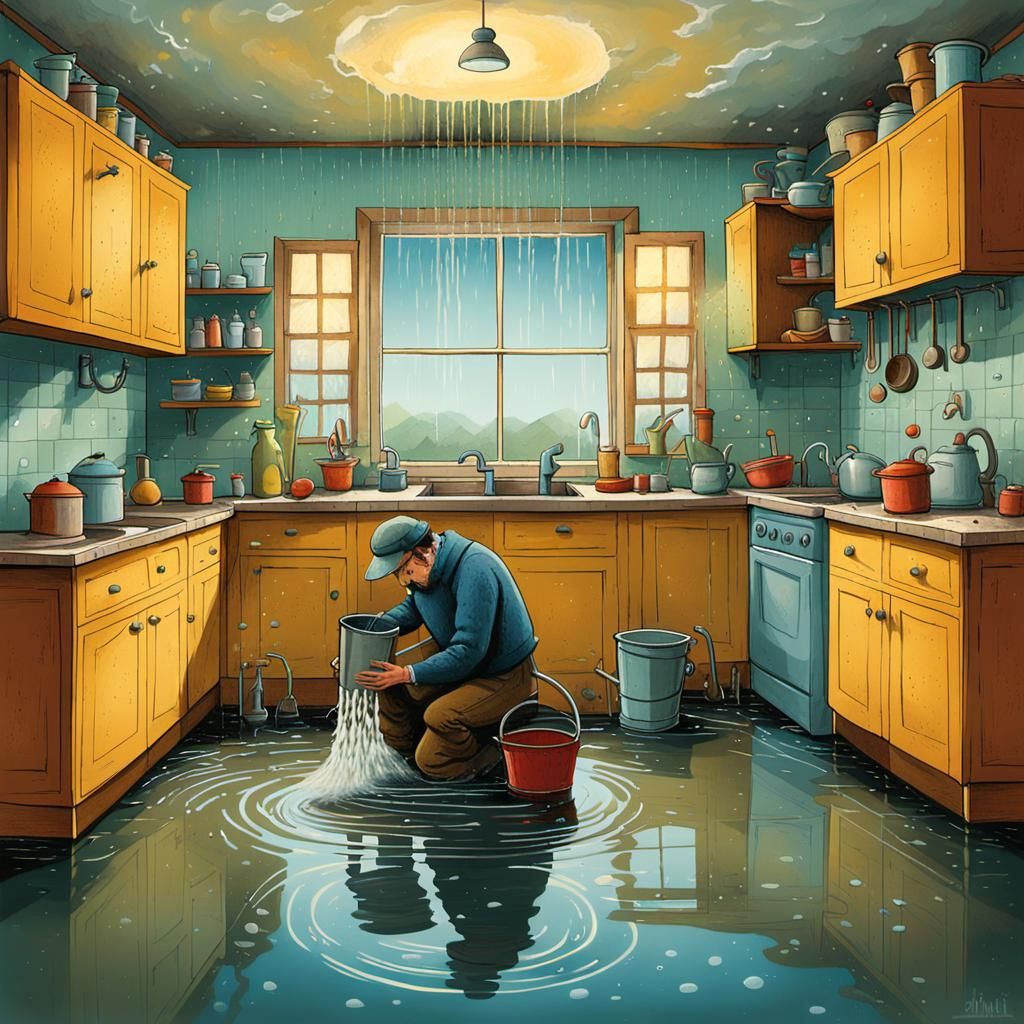 Flooded Kitchen Illustration in Whimsical Cartoon Style