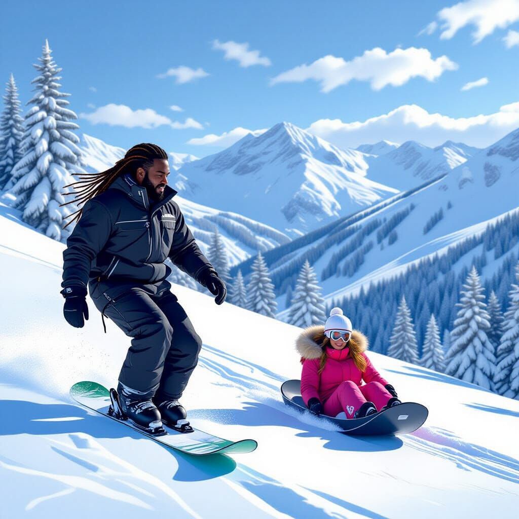 Snowboarder and Sledder in Golden Hour Mountain Landscape