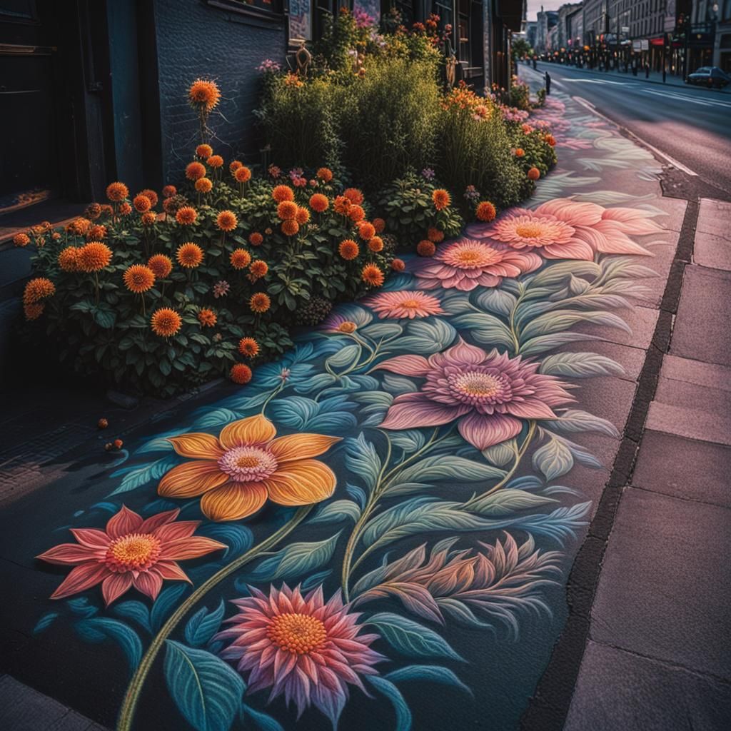 Vibrant Floral Chalk Art on Streetway
