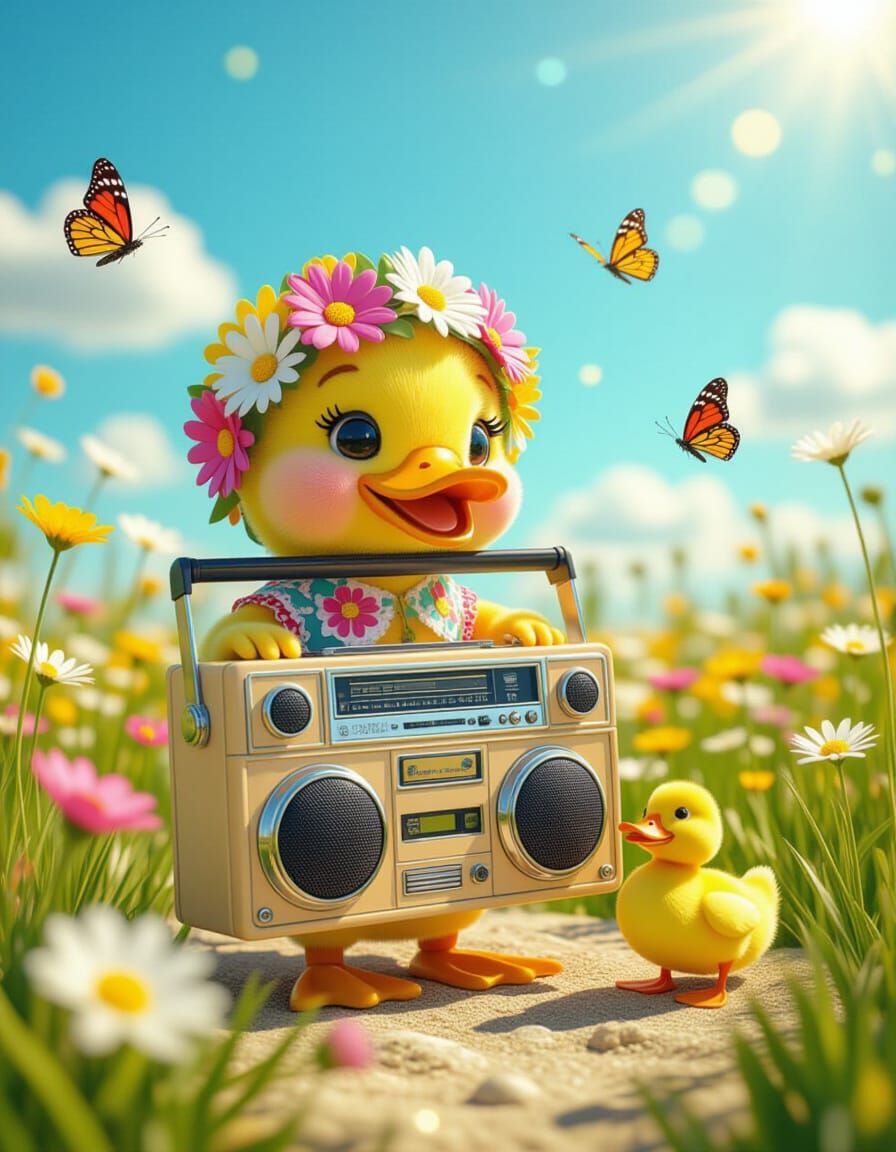 Anthropomorphic Boombox with Duck in Flower Meadow