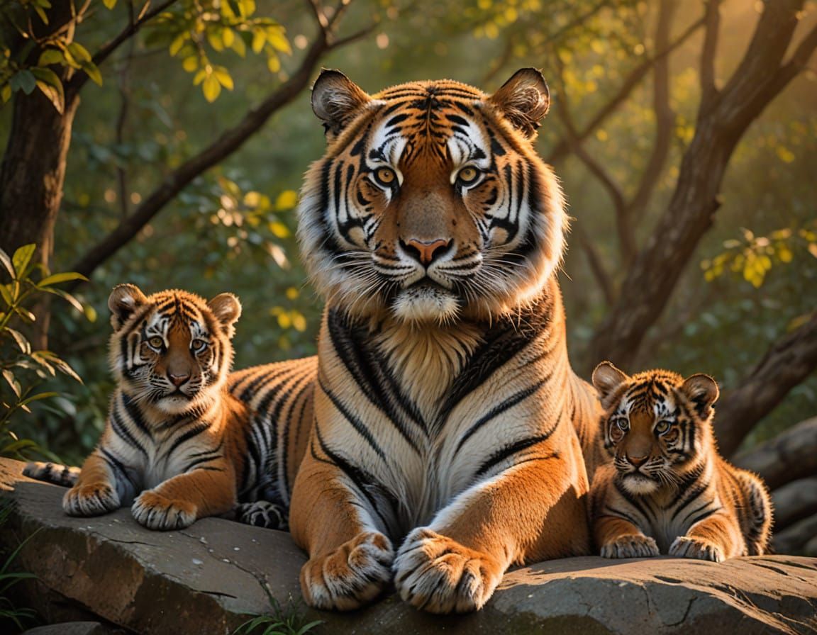 Majestic Tiger Mother and Cubs in Sunset Serenity