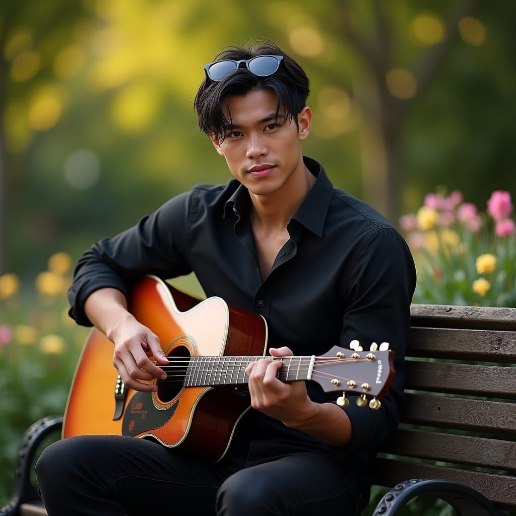 Hyperrealistic Portrait of Young Man with Guitar