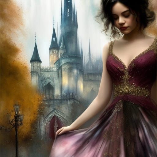 Dreamy Portrait of Young Woman in Alcohol Ink Style