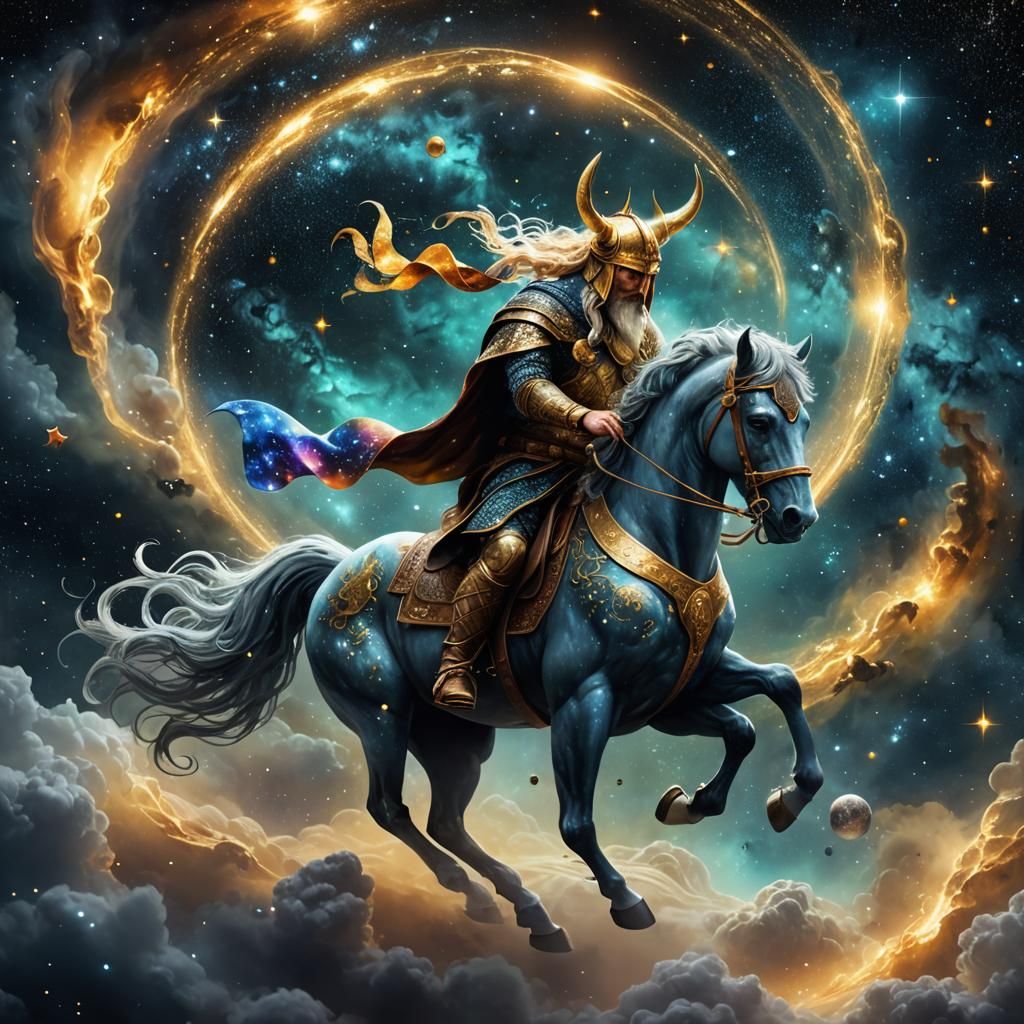 Viking God Rides Glass Horse in Deep Space