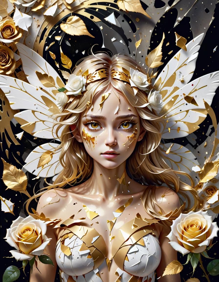 Gorgeous Golden Fairy with Roses Watercolor Painting