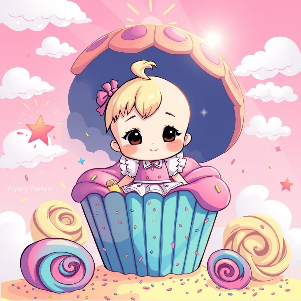 Chibi Baby Girl in Cupcake: Whimsical Pastel Art