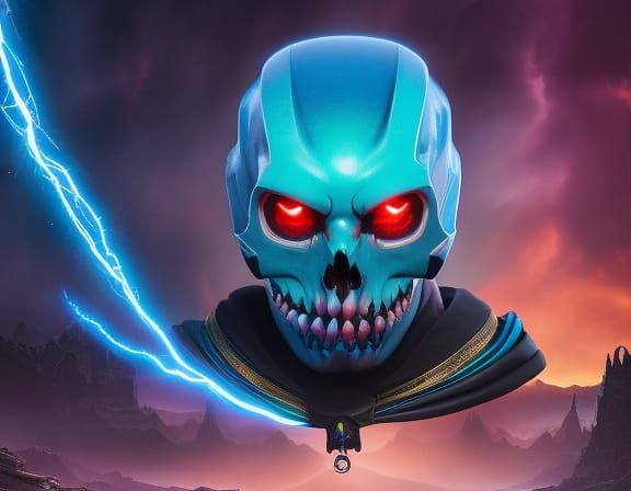 Electric Blue Skull Sorcerer in Space Portrait