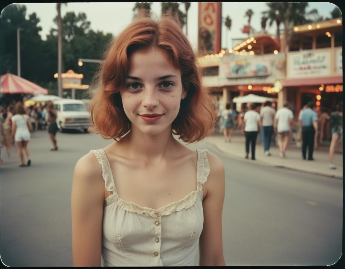 Distressed Polaroid Portrait of Redhead in Amusement Park