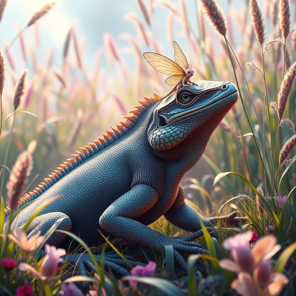 Majestic Lizard Surrounded by Fairy and Lush Meadow