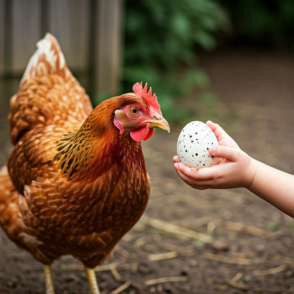 A Child Holds a Speckled Egg Under a Mother Hen's Watchful E...