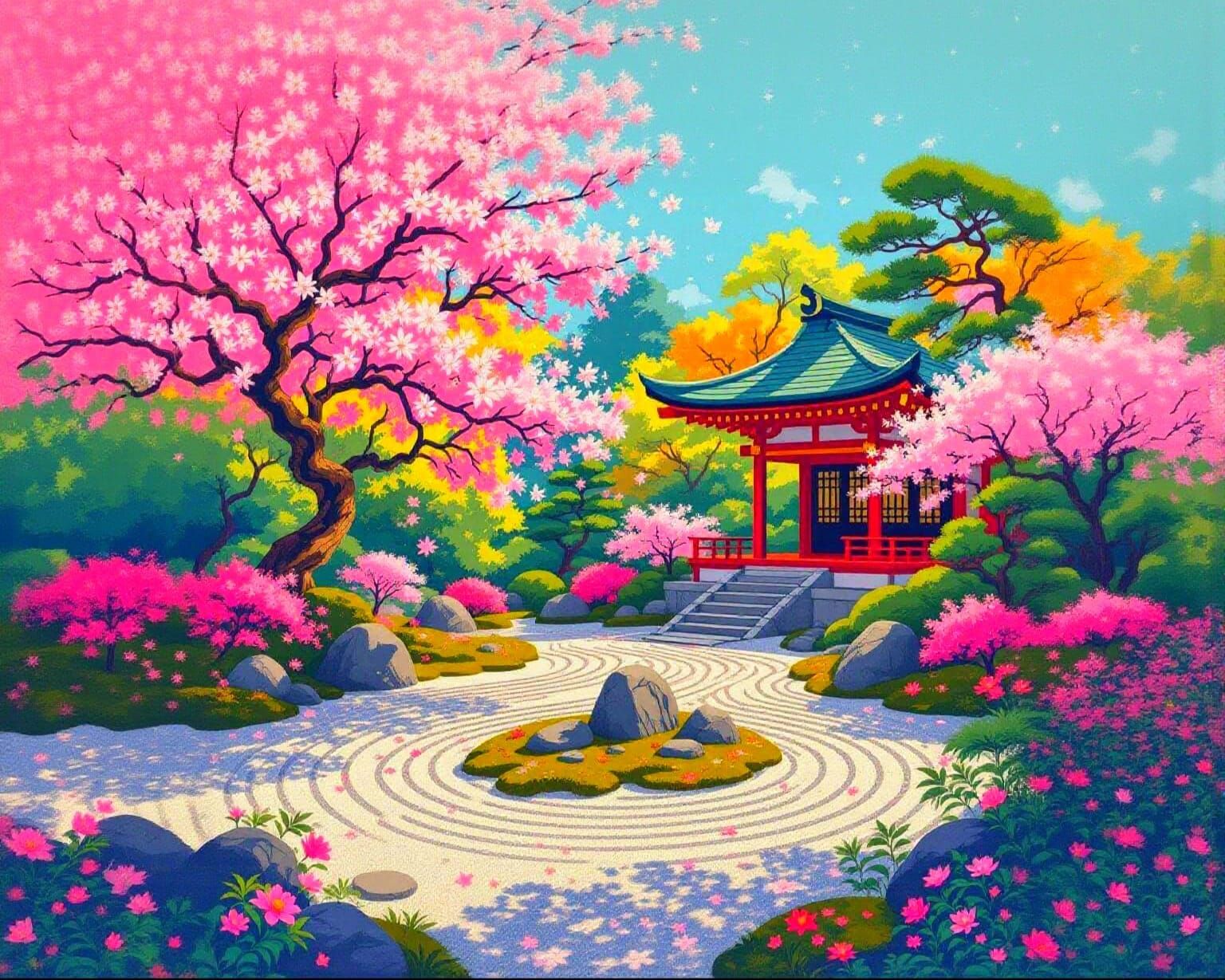 Vibrant Risograph Print of a Zen Garden