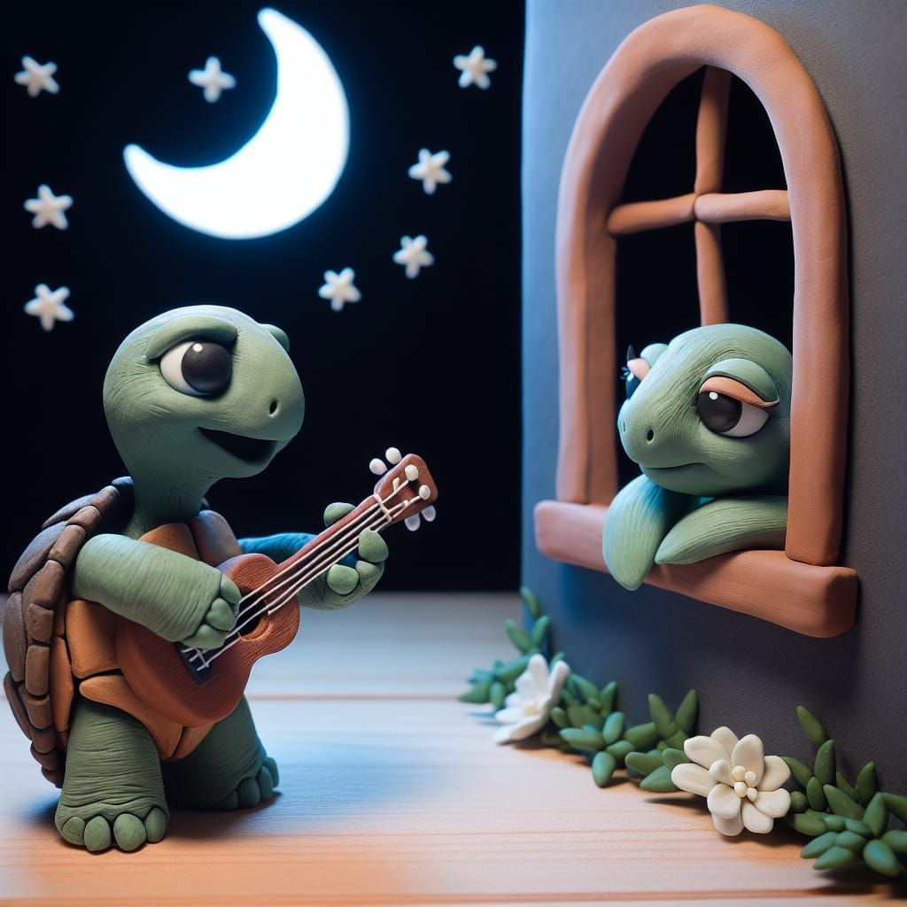 Claymation Turtle Serenade Under Starry Moonlight