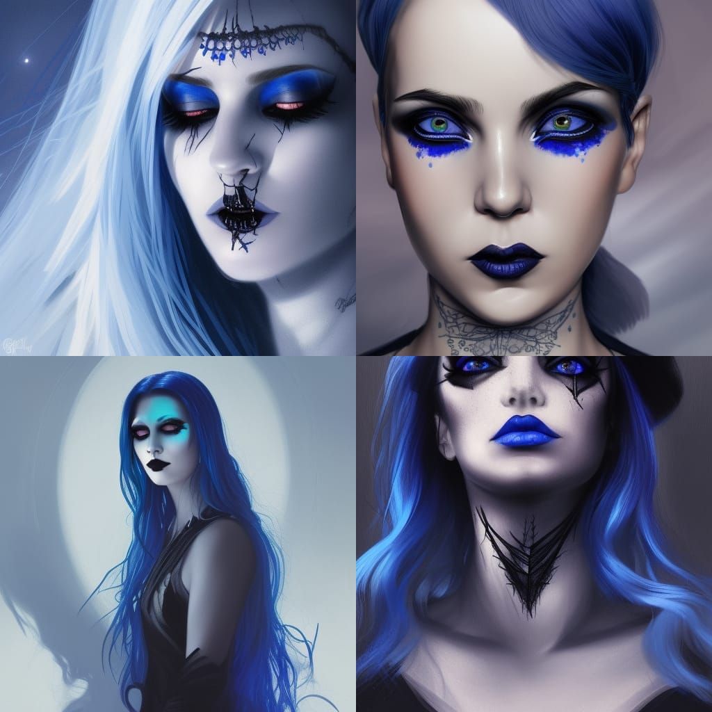 Ethereal Gothic Young lady with witchy vibes and Wiccan vibes and Cobalt blue hair and Black eyeshadow and cobalt blue e...