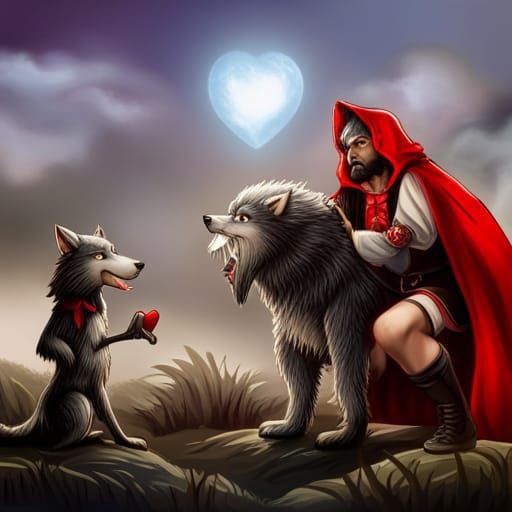 Gay Little Red Riding Hood Kissing a Wolf in LSD Art