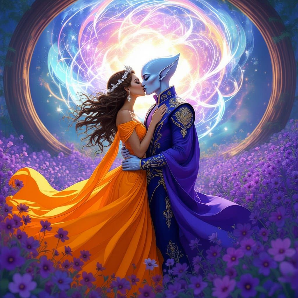 Orange and White Aliens Kissing in Violet Garden