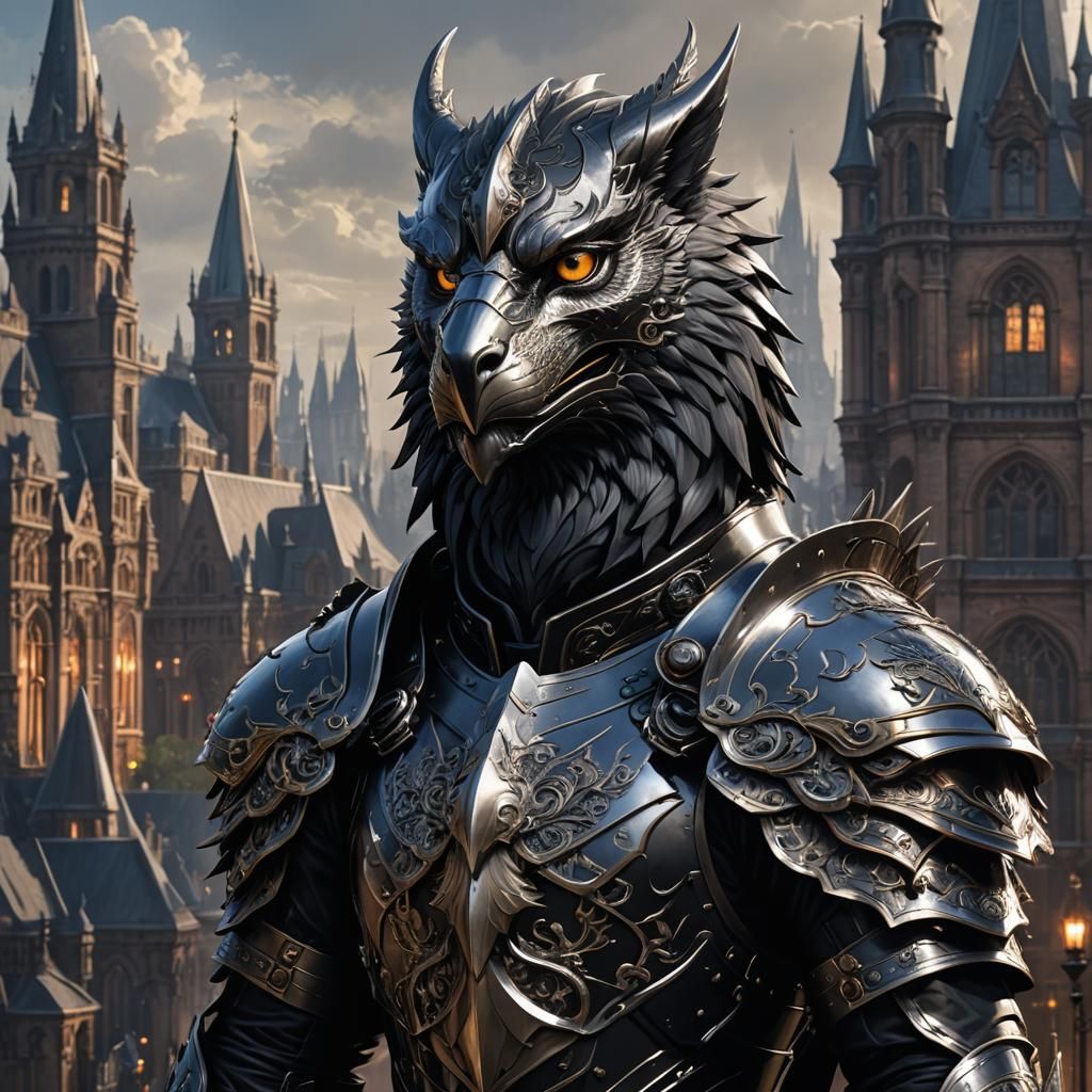 Armored Gryphon Over Gothic Victorian Cityscape