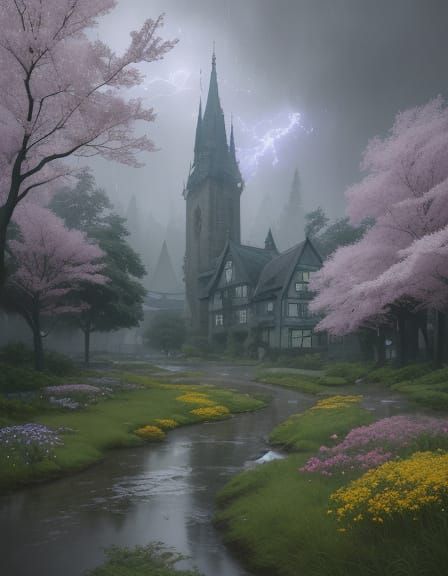 Whimsical Village in a Rainy Season Wonderland