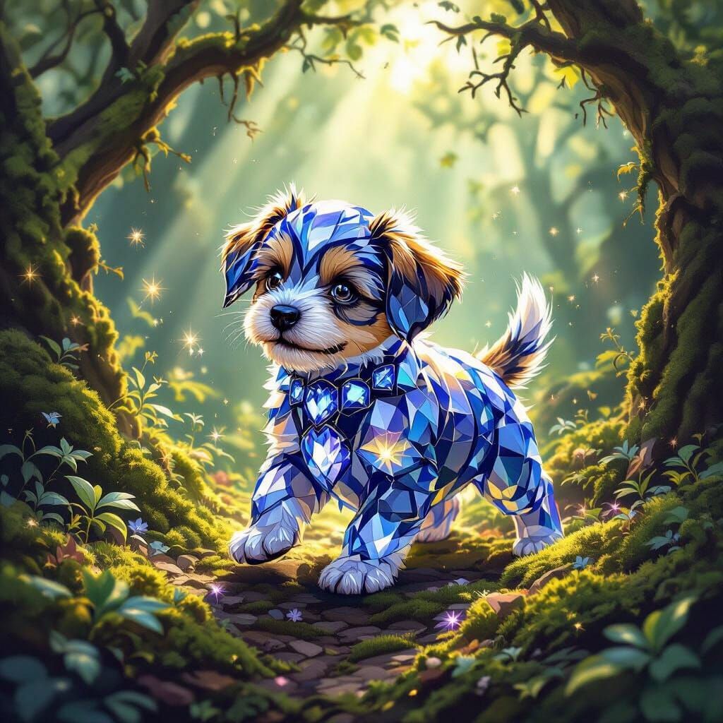 Sapphire Puppy in Enchanted Forest Fantasy Art