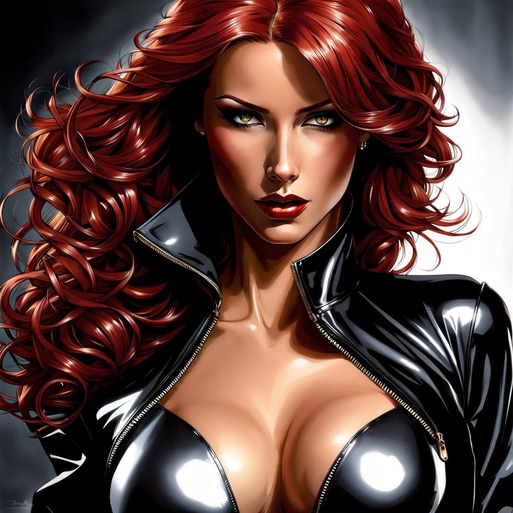 Elegant Red-Haired Woman in Latex: A Noir Masterpiece