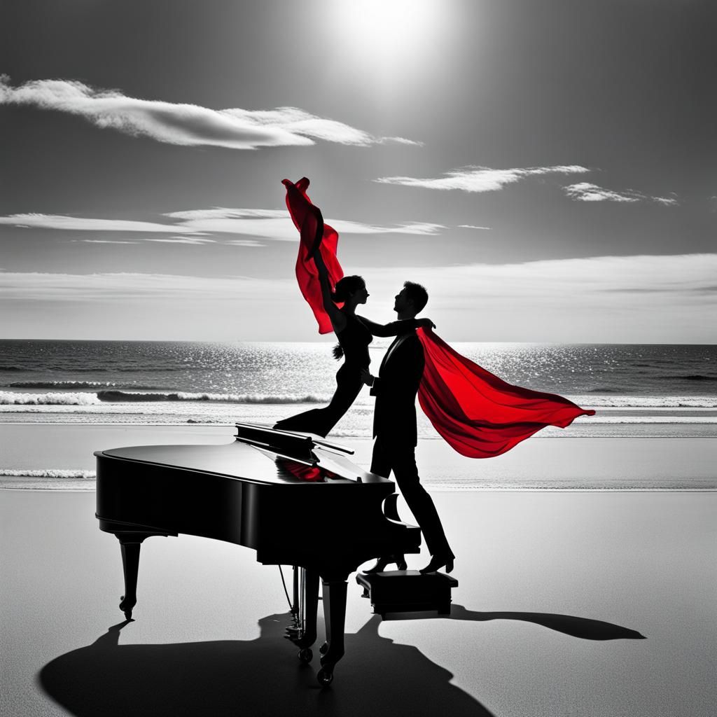 Couple Dancing on Beach with Piano and Red Scarf