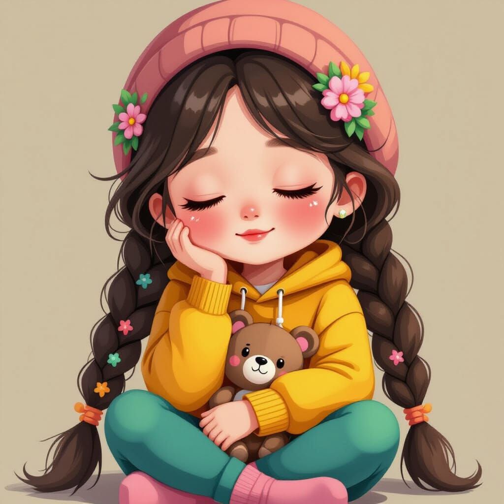 Digitally Painted Young Girl in Pajamas Holding Stuffed Anim...