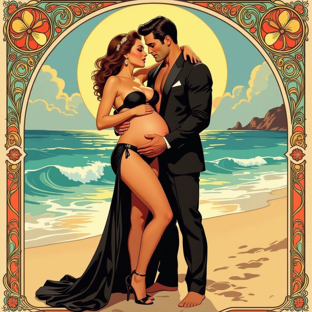 Pregnant Woman on Beach in Art Nouveau Style