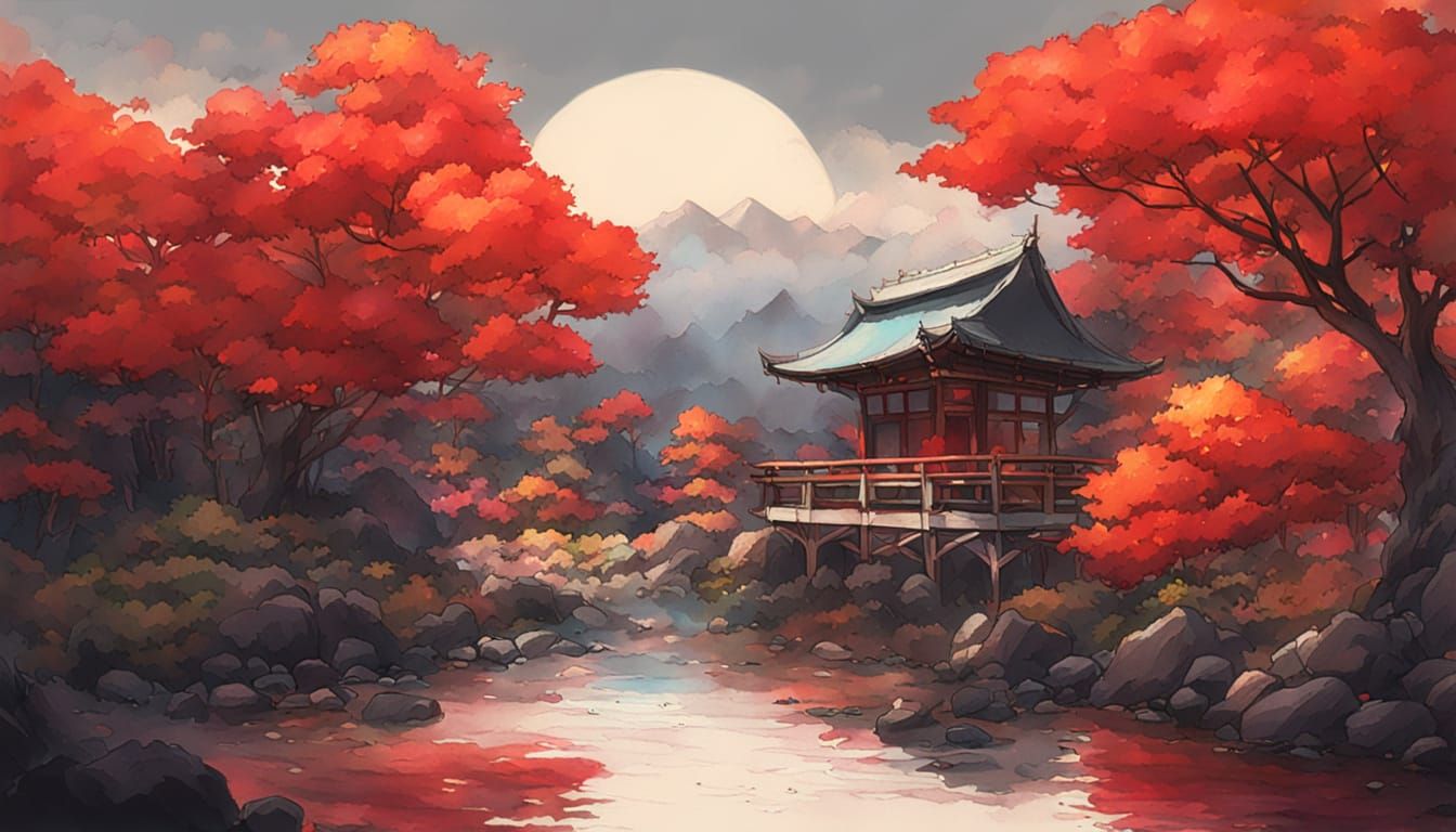 Zen Garden with Red Maple in Japanese Art Style