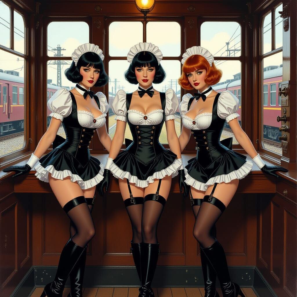 French Maids in Signal Box, Art Nouveau Style